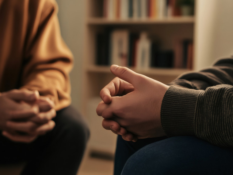 Zwie Personen sitzen mit gefalteten Händen voreinander Zwie Personen sitzen mit gefalteten Händen voreinander